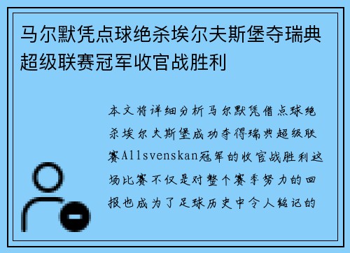 马尔默凭点球绝杀埃尔夫斯堡夺瑞典超级联赛冠军收官战胜利